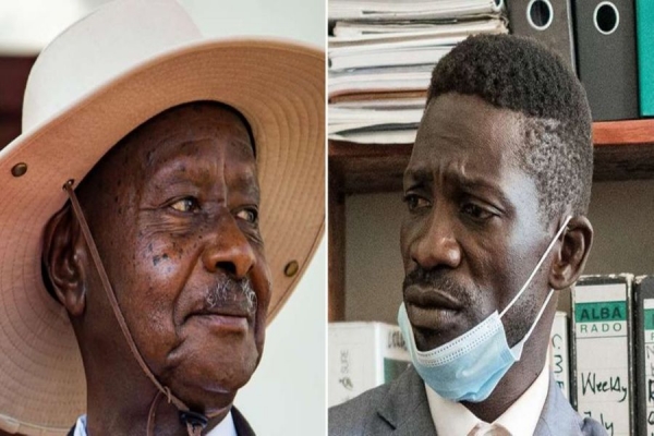 O presidente de Uganda, Yoweri Museveni (à esquerda), o músico ugandense robert Kyagulanyi (direita), também conhecido como Bobi Wine.