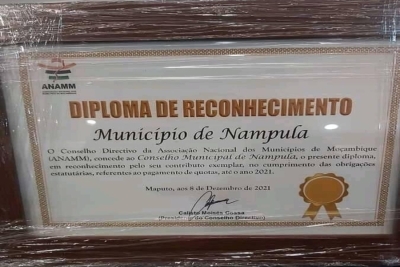 Município de Nampula reconhecido com diploma de cumpridora das obrigações pela ANAMM