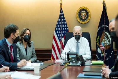 Presidente americano Joe Biden, vice-presidente, Kamala Harris, e outros responsáveis de segurança acompanham acção na Síria, 3 Fevereiro 2022