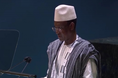 O primeiro-ministro do Mali, Choguel Maiga, discursa na 76ª sessão da Assembleia Geral das Nações Unidas na sede da ONU em 25 de setembro de 2021 em Nova York.